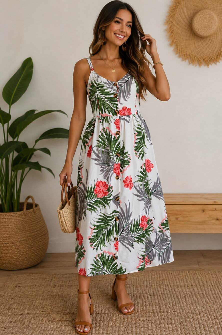 SHEIN Tropical Palm Leaf Floral Button Front Midi Dress L